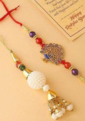 Set Of 2 Brother And Bhabhi Peacock Raksha Bandhan Rakhi Gift Set