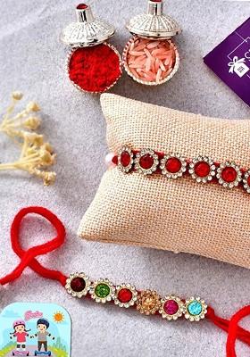 Set Of 2 Brother And Bhabhi Rakhi With Tilak Greeting Card And Fridge Magnet