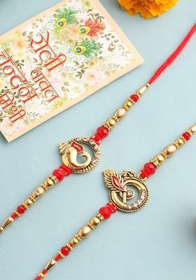 Set Of 2 Religious Designer Ganesh Ji Bhaiya Bhabhi Rakhi With Roli Chawal