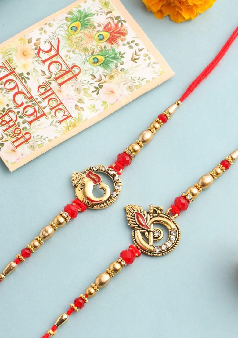 Set Of 2 Religious Designer Ganesh Ji Bhaiya Bhabhi Rakhi With Roli Chawal