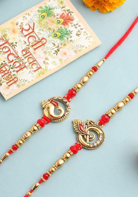Set Of 2 Religious Designer Ganesh Ji Bhaiya Bhabhi Rakhi With Roli Chawal