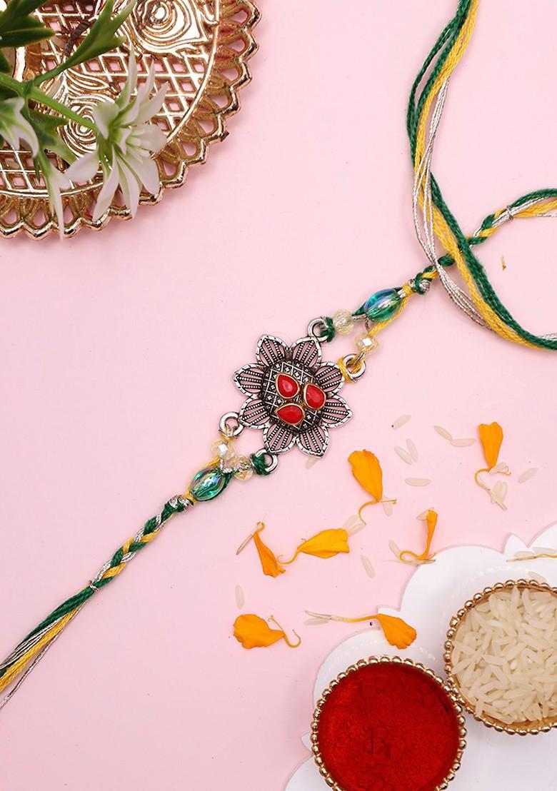 Ethnic Antique Floral Rakhi With Roli Chawal And Greetings Card