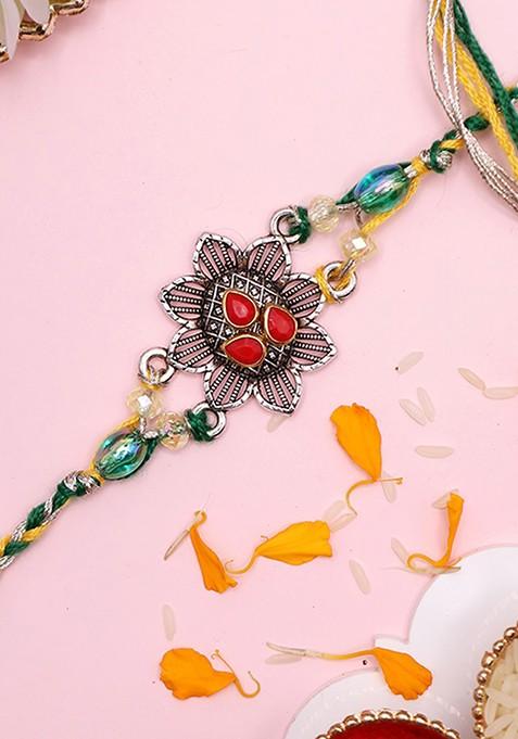 Ethnic Antique Floral Rakhi With Roli Chawal And Greetings Card
