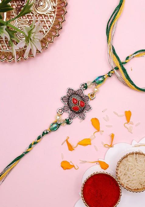 Ethnic Antique Floral Rakhi With Roli Chawal And Greetings Card