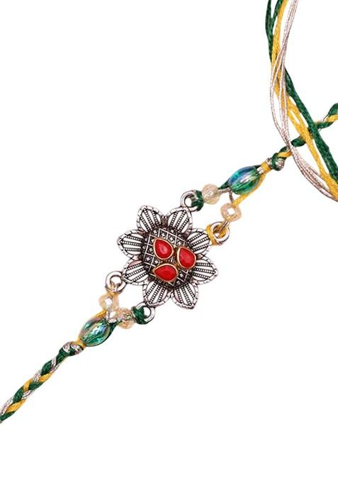 Ethnic Antique Floral Rakhi With Roli Chawal And Greetings Card