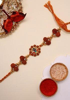 Shivling Motif And Rudraksh Beaded Rakhi With Roli Chawal And Greetings Card