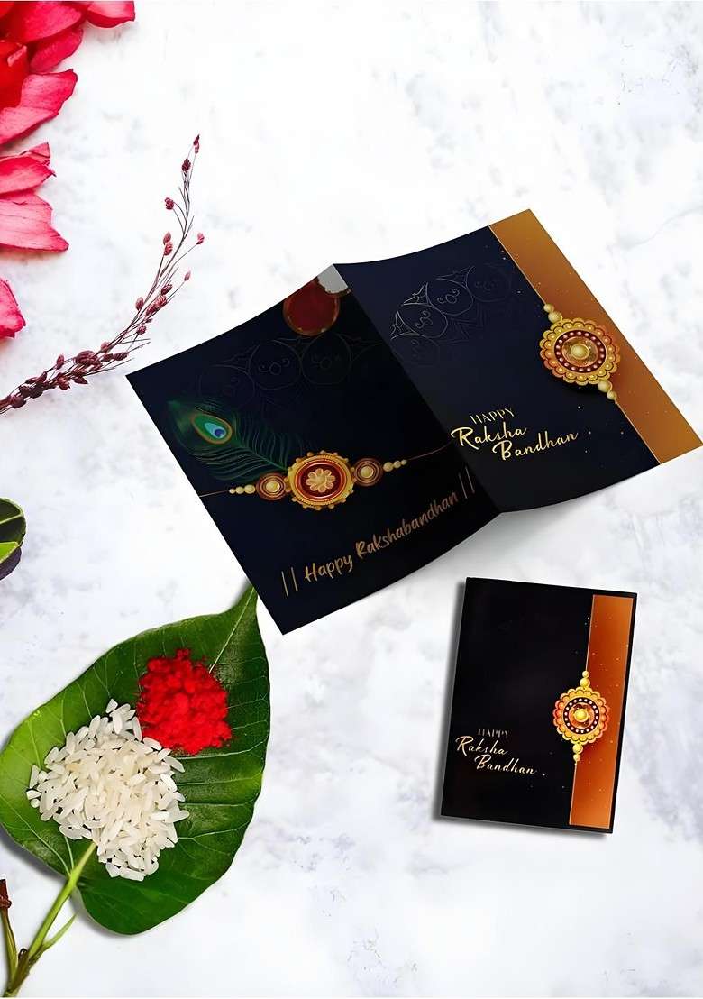Rakhi With Chocolate Roli Chawal Coin And Greeting Card Gift Set - Indya