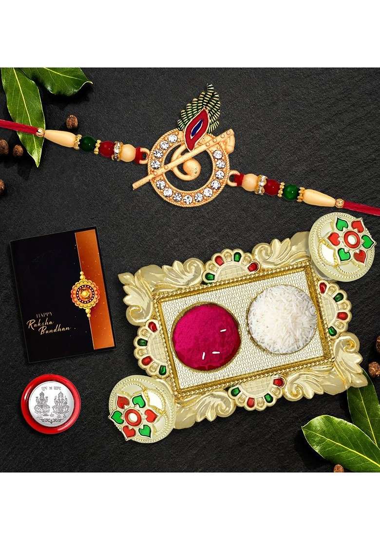 Rakhi With Chocolate Roli Chawal Coin And Greeting Card Gift Set - Indya