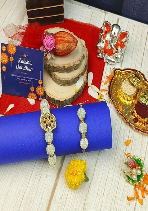 6 Pcs Pearl Beaded Rakhi Ganesha Idol Greeting Card And Roli Chawal