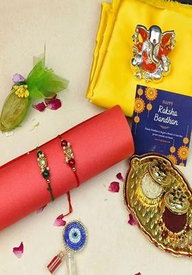 6 Pcs Stone Studded And Beaded Rakhi Ganesha Idol Greeting Card And Roli Chawal