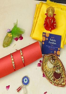 6 Pcs Stone Studded Designer Rakhi Ganesha Idol Greeting Card And Roli Chawal