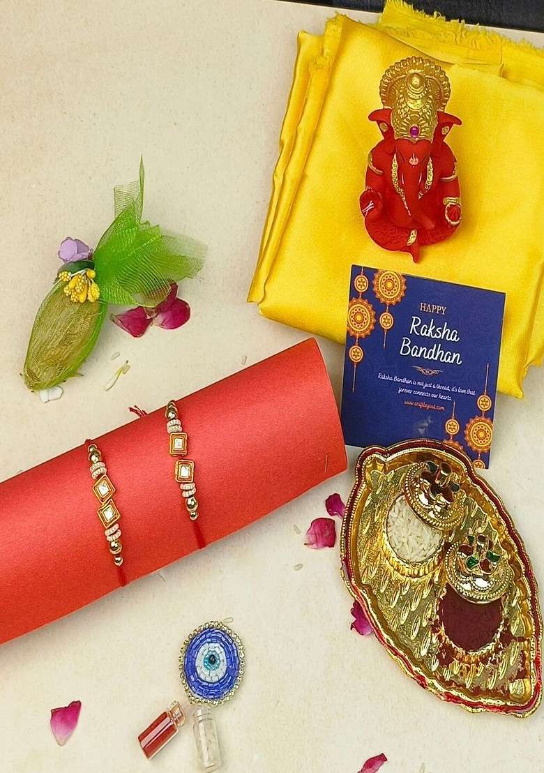 6 Pcs Stone Studded Designer Rakhi Ganesha Idol Greeting Card And Roli Chawal - Indya