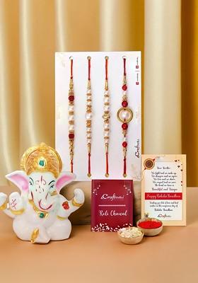Set Of 5 Rakhis With Lord Ganesha Idol And Greeting Card With Roli Chawal