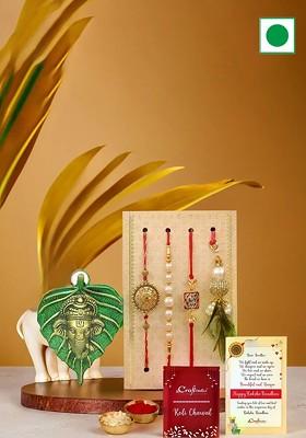 Set Of 4 Floral Lumba Designer Bhaiya Bhabhi Rakhis With Wall Hanging