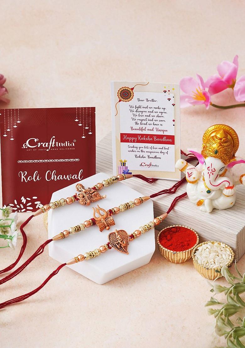 3 Pcs Red And White Rakhi Gift Set - Indya