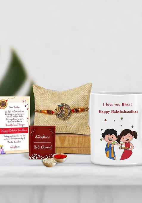 Designer Peocock Rakhi With Mug And Roli Chawal Pack Greeting Card