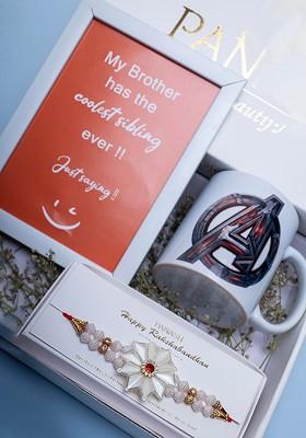 Men Gold Plated Rakhi With Photo Frame And Mug Gift Set