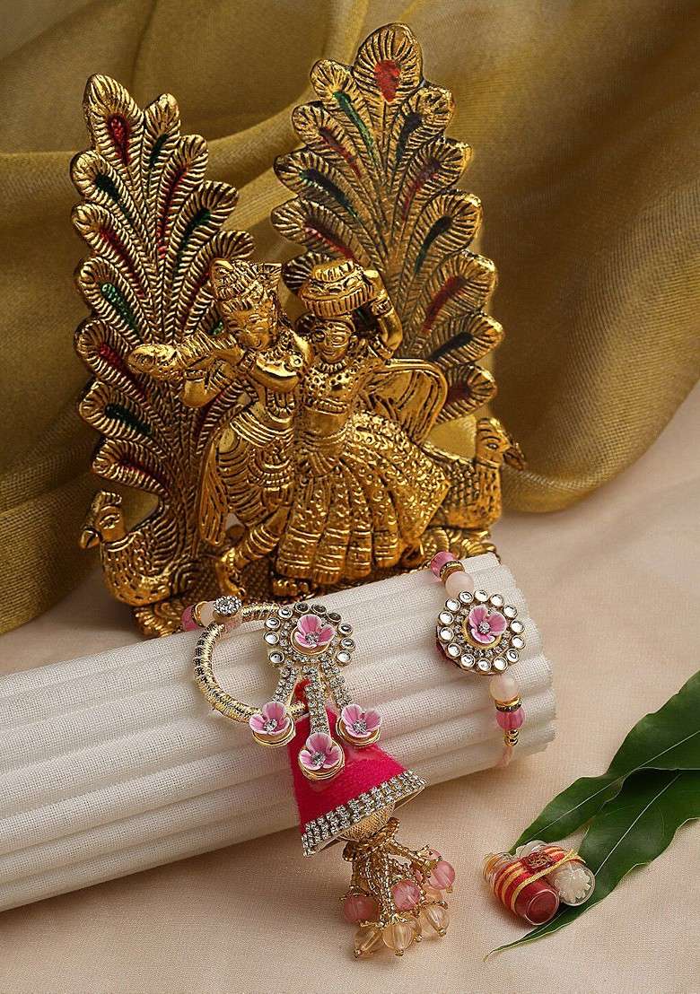 Unisex Gold Plated Rakhi With Radha Krishna Idol And Roli Chawal - Indya