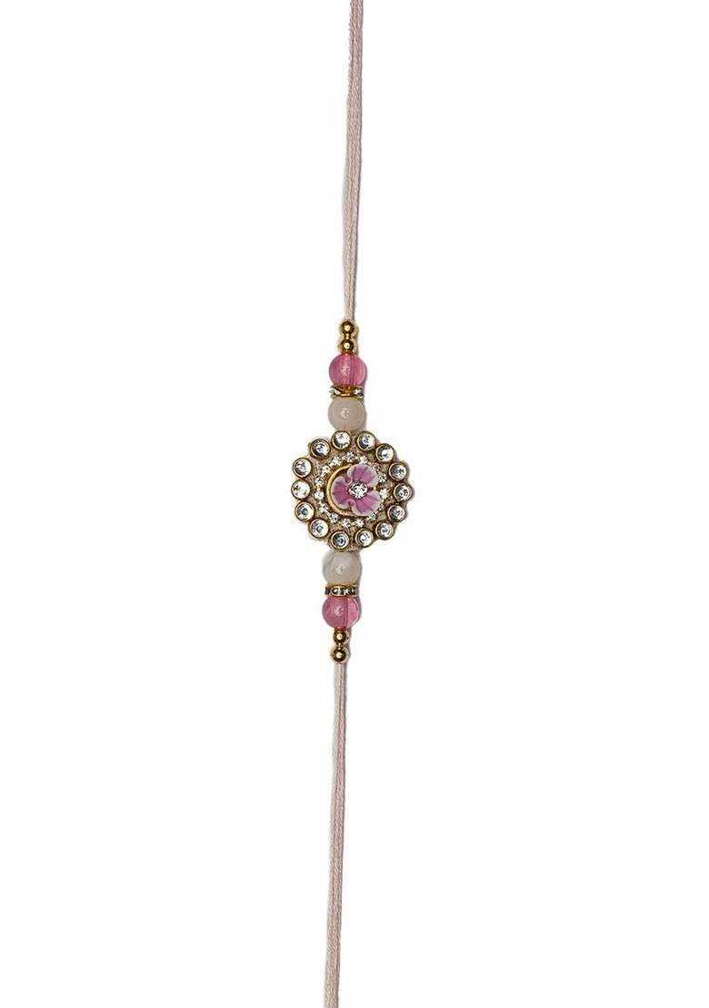 Unisex Gold Plated Rakhi With Radha Krishna Idol And Roli Chawal - Indya