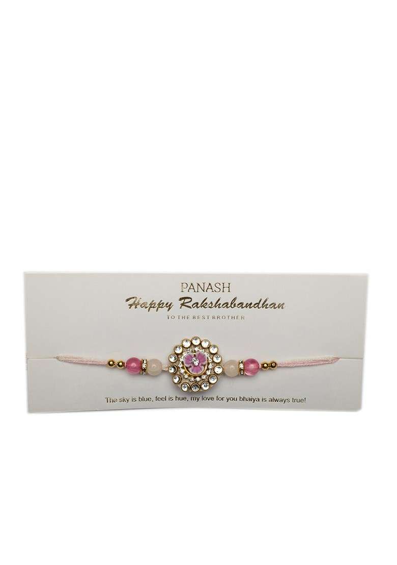 Unisex Gold Plated Rakhi With Radha Krishna Idol And Roli Chawal - Indya