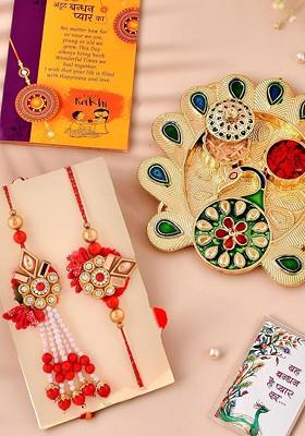 Set Of 3 Rakhi With Pooja Thali And Greetings Card With Roli Chawal