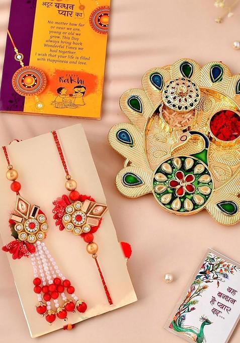 Set Of 3 Rakhi With Pooja Thali And Greetings Card With Roli Chawal