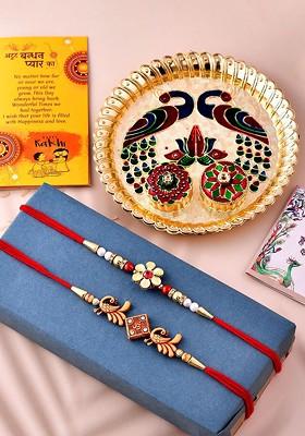 Set Of 5 Rakhis With Puja Thali And Greeting Card
