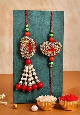 Set Of 3 Stone Studded And Beaded Rakhi With Pooja Thali Roli Rice And Greeting