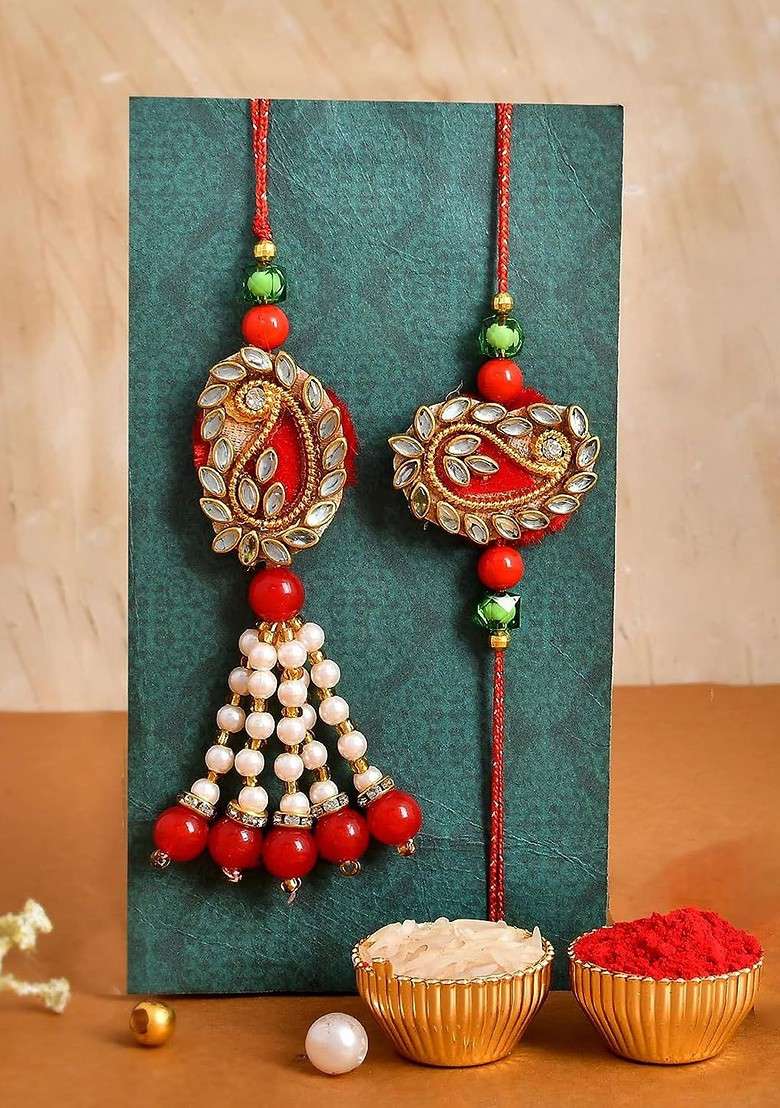 Set Of 3 Stone Studded And Beaded Rakhi With Pooja Thali Roli Rice And Greeting - Indya