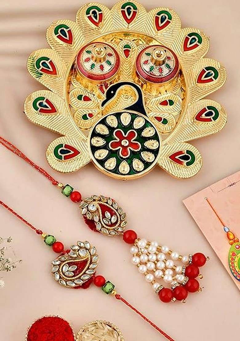 Set Of 3 Stone Studded And Beaded Rakhi With Pooja Thali Roli Rice And Greeting - Indya