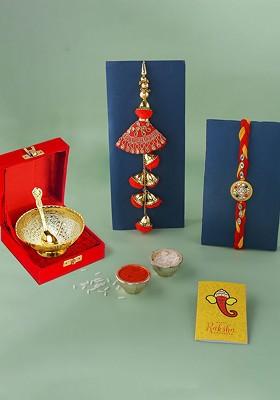 Set Of 3 Rakhis With Bowl And Greetings Card With Roli Chawal