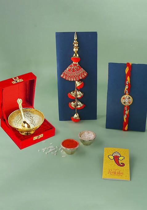 Set Of 3 Rakhis With Bowl And Greetings Card With Roli Chawal