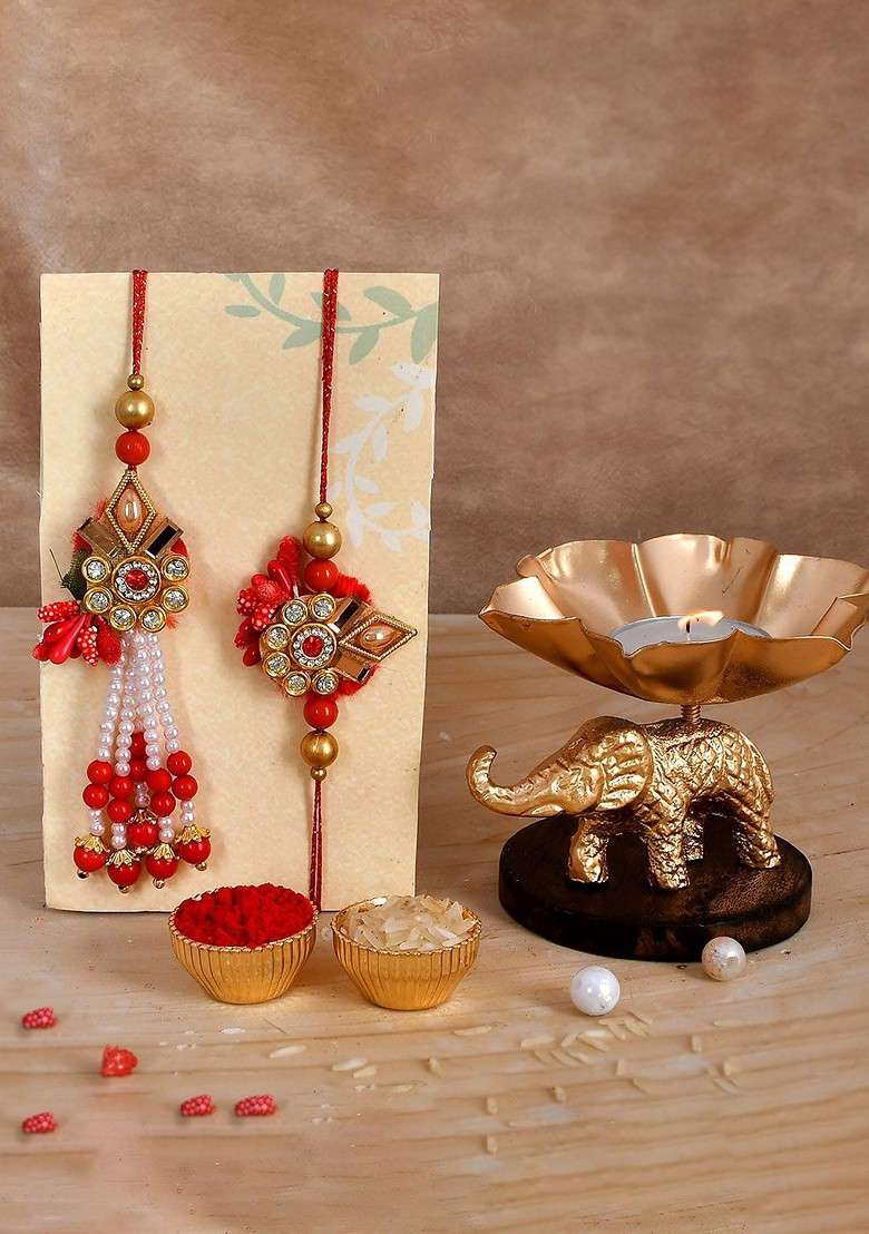 Set Of 3 Rakhis With Elephant Candle Holder With Roli Chawal - Indya