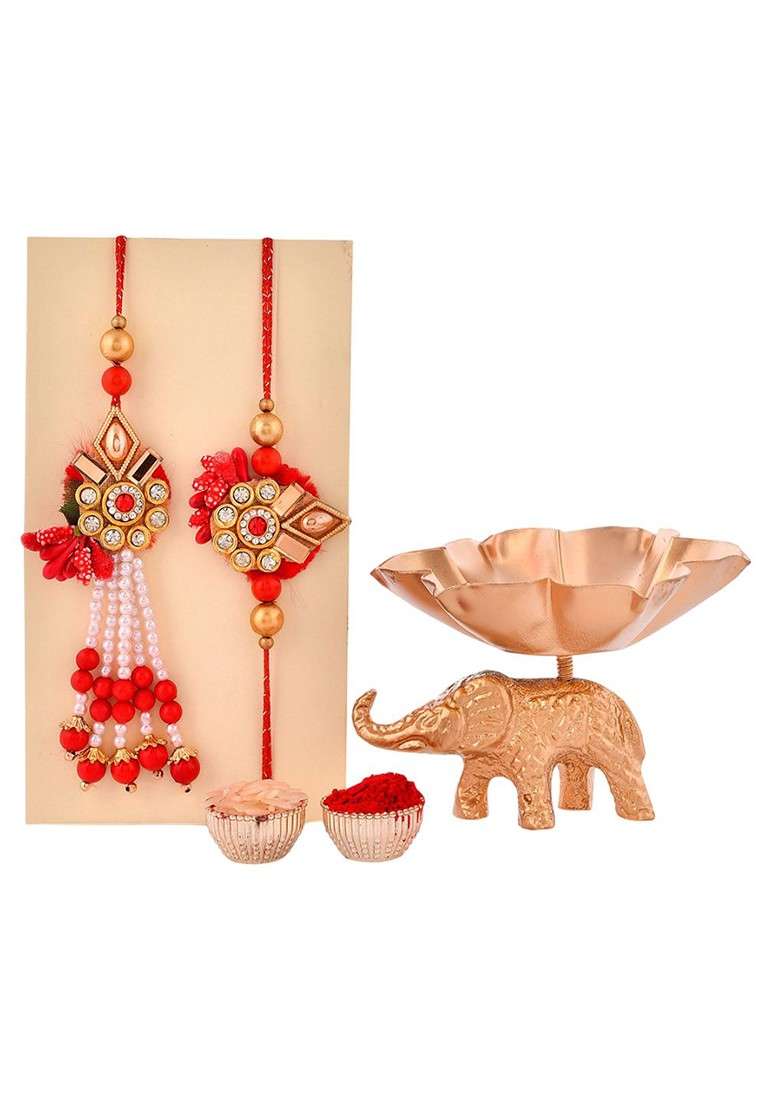 Set Of 3 Rakhis With Elephant Candle Holder With Roli Chawal - Indya
