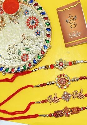 Set Of 7 Rakhi With Pooja Set And Card With Roli Chawal