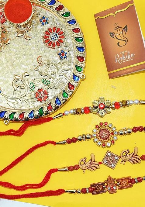 Set Of 7 Rakhi With Pooja Set And Card With Roli Chawal