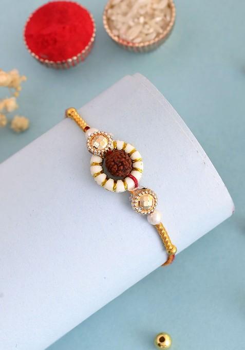 Divine Rudraksh Pearls Beaded Rakhi With Roli Rice And Greeting Card