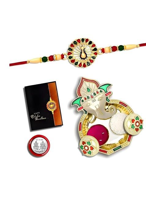Rakhi Dish Roli Chawal Coin And Greeting Card Rakhi Gift Set