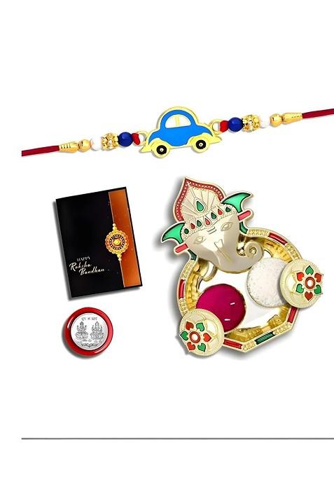 Rakhi Dish Roli Chawal Coin And Greeting Card Rakhi Gift Set