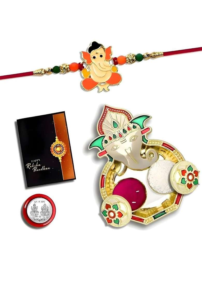 Rakhi Dish Roli Chawal Coin And Greeting Card Rakhi Gift Set - Indya