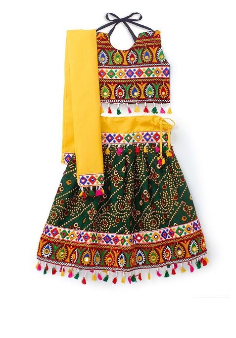 Girls Kutchi Embroidered Cotton Ready To Wear Lehenga Blouse With Dupatta