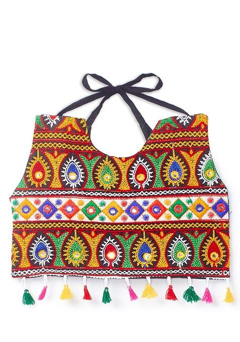 Girls Kutchi Embroidered Cotton Ready To Wear Lehenga Blouse With Dupatta