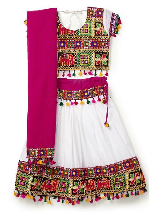 Girls Kutchi Embroidered Cotton Ready To Wear Lehenga Blouse With Dupatta