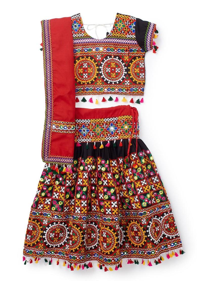Girls Kutchi Embroidered Cotton Ready To Wear Lehenga Blouse With Dupatta