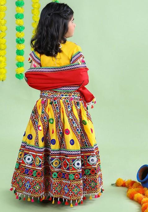 Girls Embroidered Ready To Wear Cotton Lehenga Blouse With Dupatta