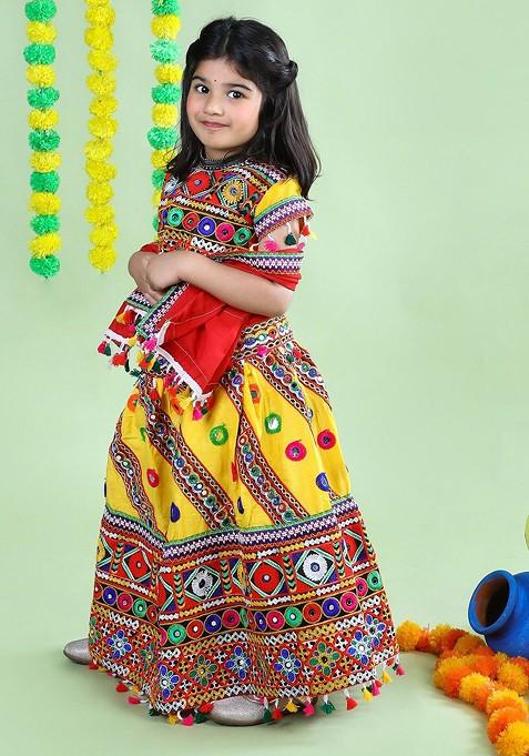 Girls Embroidered Ready To Wear Cotton Lehenga Blouse With Dupatta