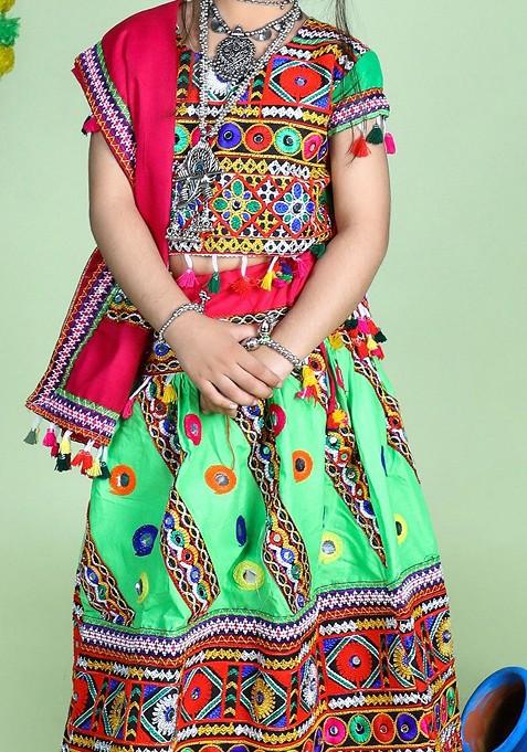 Girls Embroidered Ready To Wear Cotton Lehenga Blouse With Dupatta