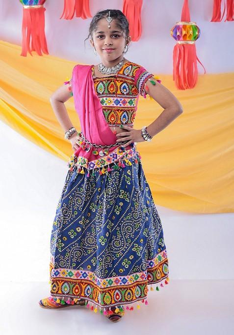 Girls Embroidered Mirror Work Ready To Wear Lehenga Blouse With Dupatta