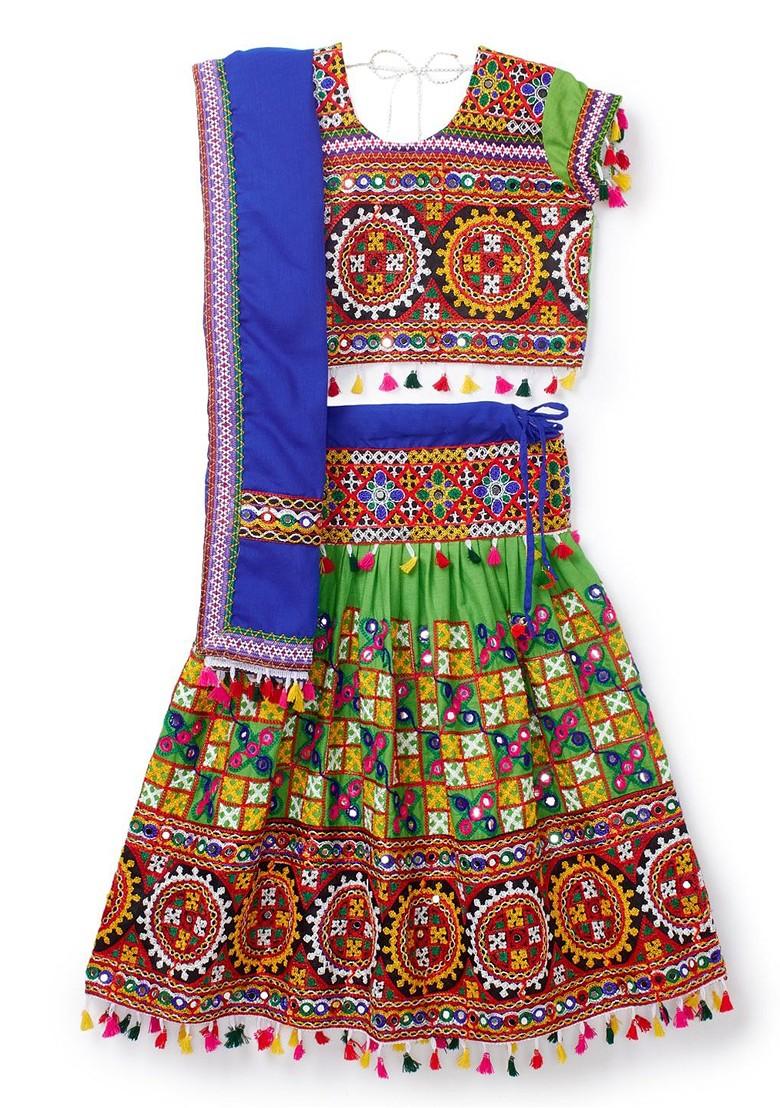 Girls Orange Green Embroidered Ready To Wear Lehenga Blouse With Dupatta