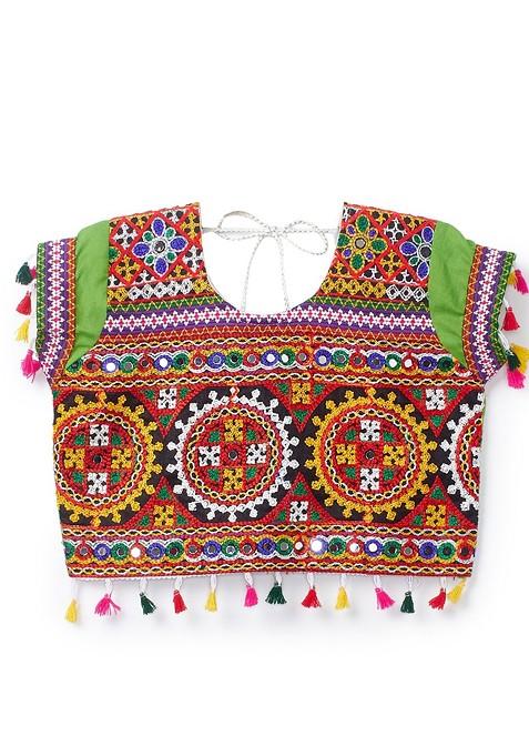 Girls Orange Green Embroidered Ready To Wear Lehenga Blouse With Dupatta